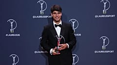 Carlos Alcaraz poses with his Laureus World Sportsman of the Year award in Madrid, 20 April, 2026
