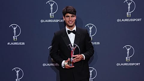 Carlos Alcaraz poses with his Laureus World Sportsman of the Year award in Madrid, 20 April, 2026