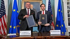 Außenminister Marco Rubio und der EU-Kommissar für Handel und wirtschaftliche Sicherheit, Maros Sefcovic, am Freitag, 24. April 2026, im Außenministerium in Washington. 