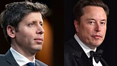 (R) Archiv: Sam Altman, OpenAI-Chef, sagt am achten Mai zweitausendfünfundzwanzig im US-Kongress in Washington aus. (L) Archiv: Elon Musk bei der Breakthrough Prize-Gala.
