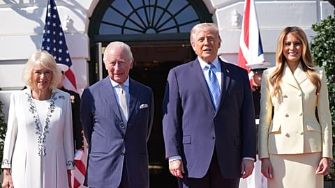 President Donald Trump and first lady Melania Trump greet Britain's King Charles III and Queen Camilla as they arrive at the White House, Monday, April 27, 2026
