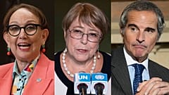 De izquierda a derecha: Rebeca Grynspan, Michelle Bachelet y Rafael Grossi, candidatos a la Secretaría General de la ONU 2026.