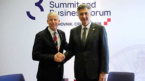 Secretary of energy Chris Wright, left, is welcomed by Croatian Prime Minister Andrej Plenkovic at the Three Seas Initiative summit in Dubrovnik, Croatia, April 28, 2026/