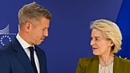 European Commission President Ursula von der Leyen, right, speaks with Hungary's incoming Prime Minister Peter Magyar prior to a meeting at EU heaquarters in Brussels, Wednesd