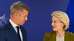 European Commission President Ursula von der Leyen, right, speaks with Hungary's incoming Prime Minister Peter Magyar prior to a meeting at EU heaquarters in Brussels, Wednesd