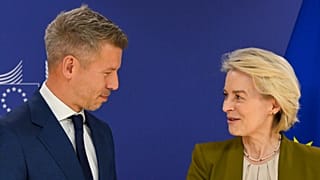 European Commission President Ursula von der Leyen, right, speaks with Hungary's incoming Prime Minister Peter Magyar prior to a meeting at EU heaquarters in Brussels, Wednesd