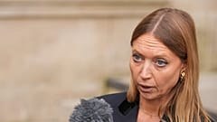 European deputy Aurore Lalucq speaks to medias following a meeting with French Prime Minister Francois Bayrou before a confidence vote, in Paris, Sept. 2, 2025.