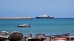 The MV Hondius cruise ship is anchored at a port in Praia, Cape Verde, Monday, May 4, 2026. 
