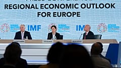 IMF representatives speak at speak at a news conference during the World Bank/IMF Spring Meetings at the IMF headquarters in Washington, April 2025.