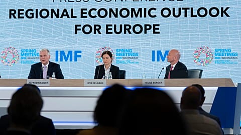 IMF representatives speak at speak at a news conference during the World Bank/IMF Spring Meetings at the IMF headquarters in Washington, April 2025.