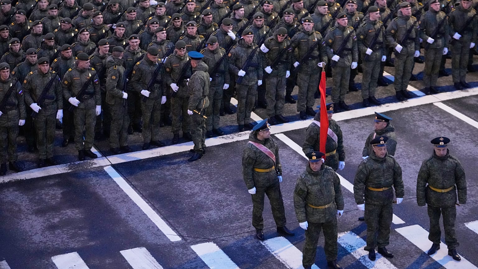 Russian servicemen gather prior to the Victory Day military parade rehearsal in Moscow, Wednesday, April 29, 2026.