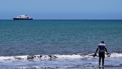 Круизное судно MV Hondius стоит на якоре в порту в Прае, 4 мая 2026 года
