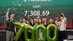 Empleados de Hana Bank celebran que el índice bursátil coreano KOSPI supera los siete mil puntos, en la sede del banco en Seúl, 6 de mayo de 2026.