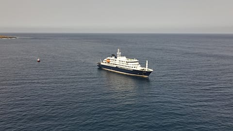 Aerial view of the Dutch cruise ship MV Hondius anchored in the Atlantic off Cape Verde on 5 May 2026.