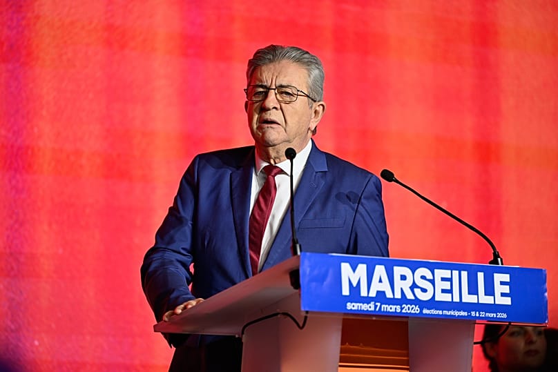 French far-left leader Jean-Luc Mélenchon attends a mayoral campaign meeting in Marseille, 7 March, 2026