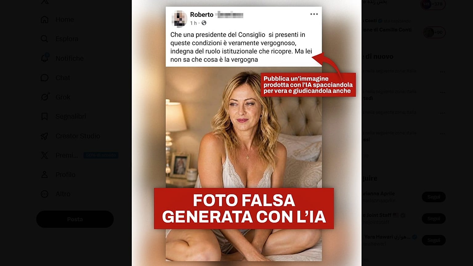 La foto falsa di Meloni ripostata dalla premier sui propri social