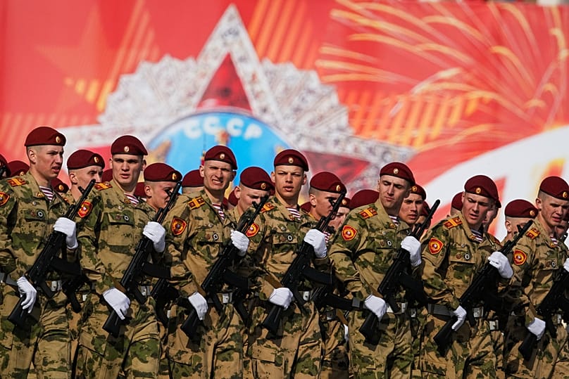 Troops march during a rehearsal for the Victory Day military parade at the Dvortsovaya Square in St. Petersburg, 5 May, 2026