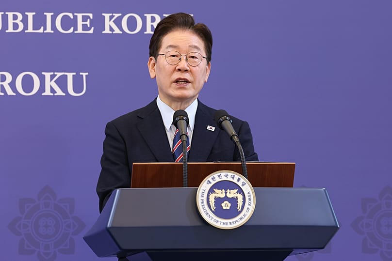 South Korean President Lee Jae Myung speaks during a press conference at the presidential Blue House in Seoul, 13 April, 2026
