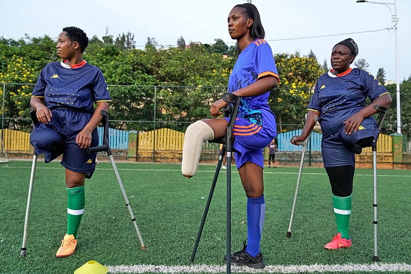 Football players on the Rwanda Amputee team take part in a training session in Kigali, Rwanda, 20 March 2026