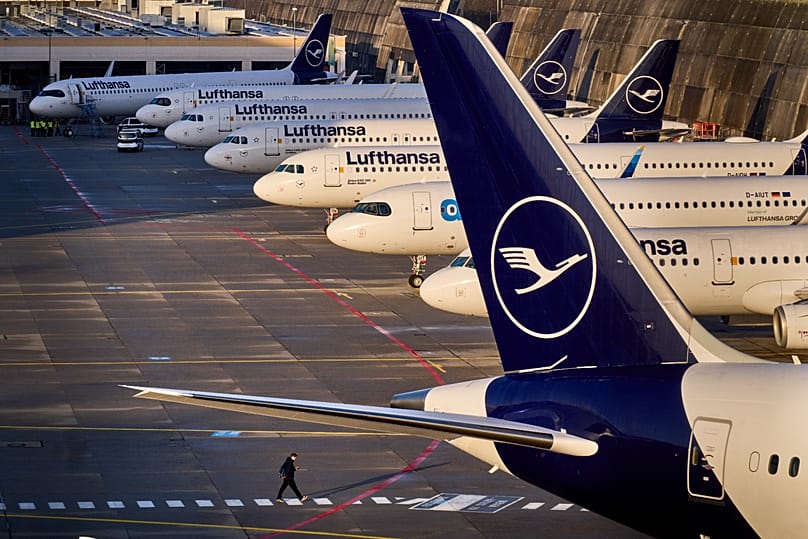 Parked Lufthansa aircrafts at the airport in Frankfurt, Germany, 12 March 2026
