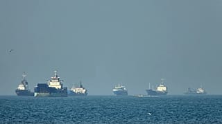 Container ships sit at anchor in the Strait of Hormuz off Bandar Abbas, 4 May, 2026