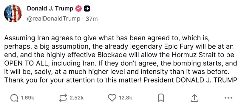 A screenshot of a post on US President Donald Trump's Truth Social account, 6 May, 2026
