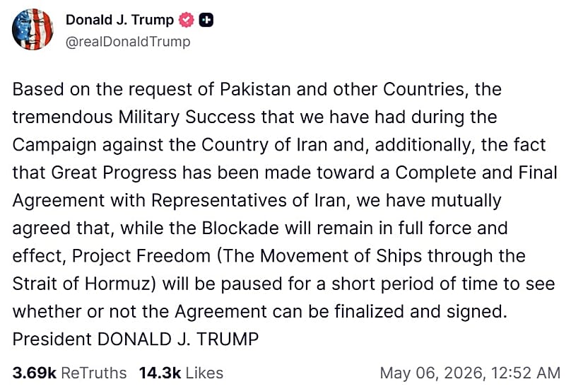 A screenshot of a post on US President Donald Trump's Truth Social account, 6 May, 2026