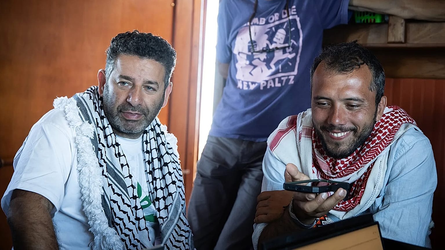 Saif Abukeshek and Thiago Ávila on the Greenpeace vessel Arctic Sunrise in the Mediterranean Sea, 18 April, 2026