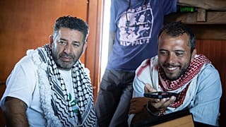 Saif Abukeshek and Thiago Ávila on the Greenpeace vessel Arctic Sunrise in the Mediterranean Sea, 18 April, 2026