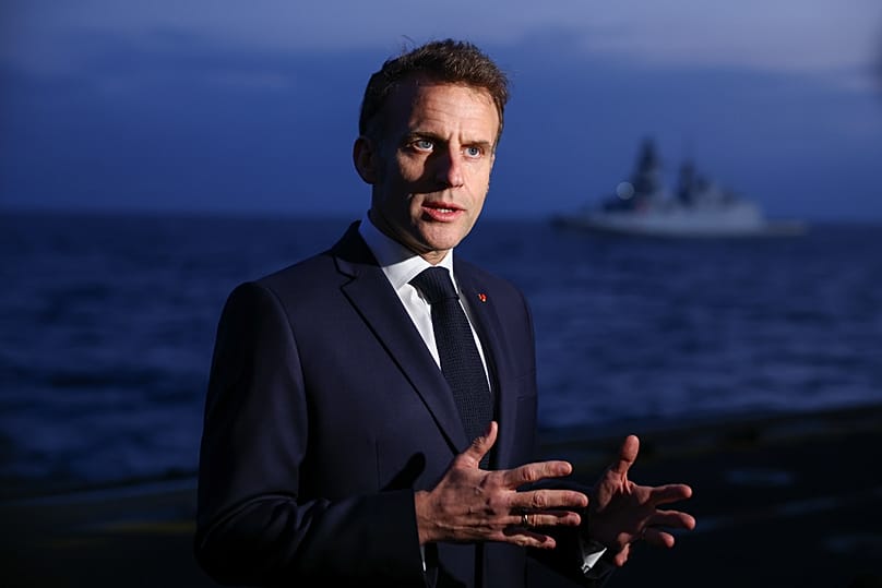 French President Emmanuel Macron speaks to members of the media as he visits the French aircraft carrier Charles de Gaulle in Cyprus, 9 March, 2026