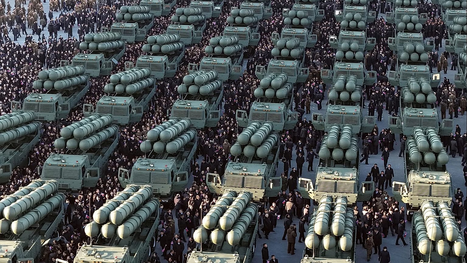 Launch vehicles for nuclear-capable short-range missiles during a military ceremony in Pyongyang, 18 February, 2026