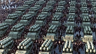Launch vehicles for nuclear-capable short-range missiles during a military ceremony in Pyongyang, 18 February, 2026