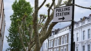 A signpost to a polling station in London, 7 May, 2026