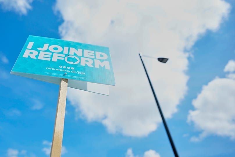A Reform UK political sign put up by the householder to show support ahead of local council elections in London, 6 May, 2026