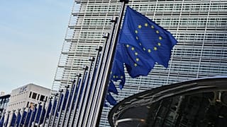 European Union flags flap in the wind outside of EU headquarters in Brussels, 4 November, 2025