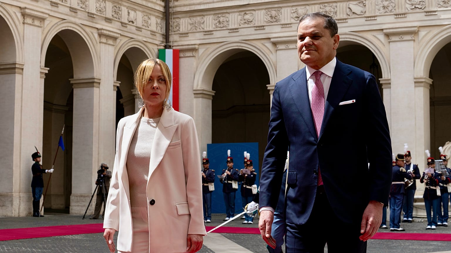 La premier Meloni con il primo ministro libico Abdul Hamid Dbeibeh a Roma (7 maggio 2026)