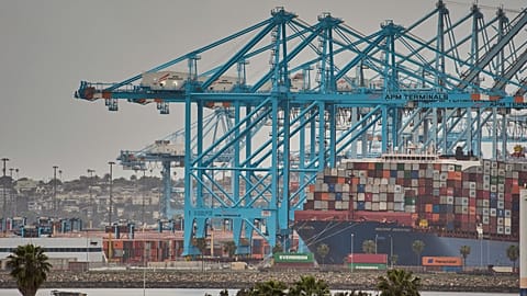 File - The "Maersk Skarstind" container ship is moored at the APM Terminals in the Port of Los Angeles. 15 April 2025. 