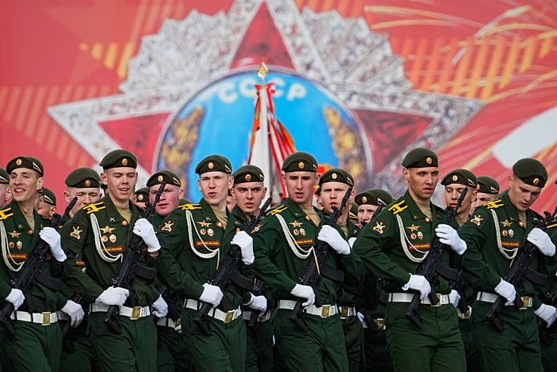 Troops march during a rehearsal for the Victory Day military parade in St. Petersburg, 5 May, 2026