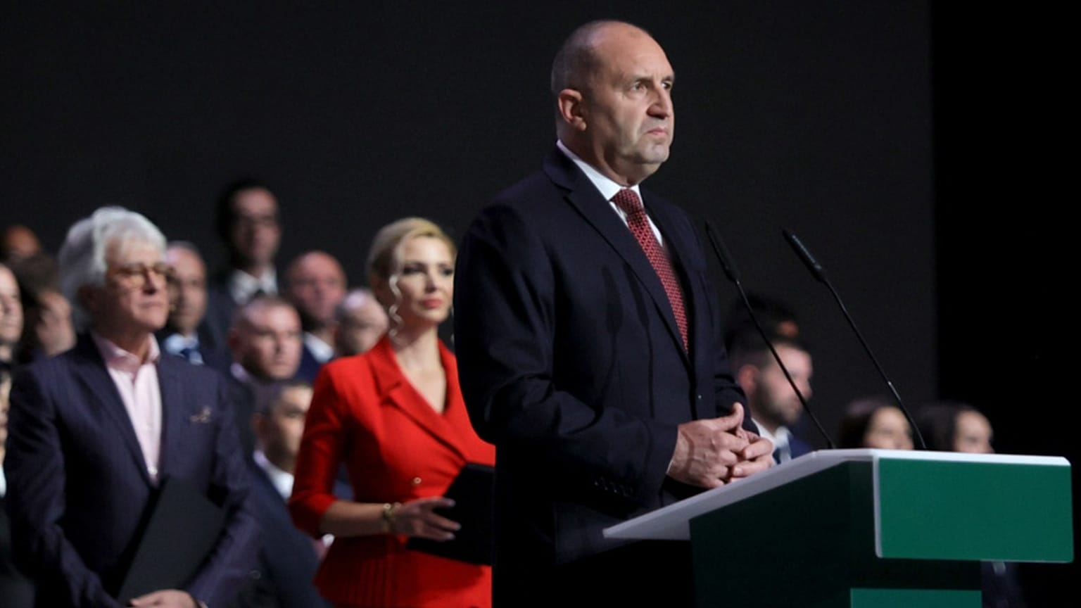 Former Bulgarian President Rumen Radev delivers a speech at the closing rally of his campaign for prime minister, in Sofia, Thursday, April 16, 2026