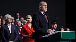 Former Bulgarian President Rumen Radev delivers a speech at the closing rally of his campaign for prime minister, in Sofia, Thursday, April 16, 2026