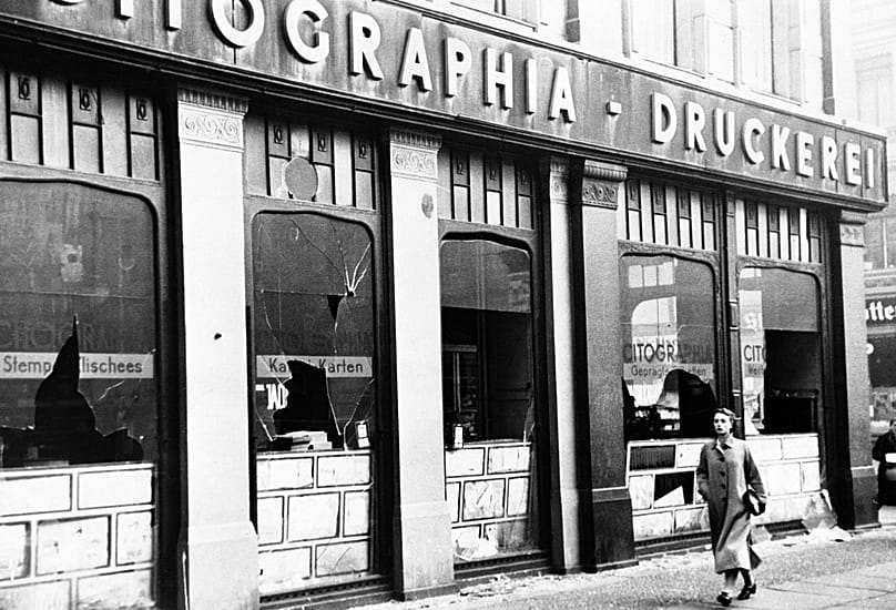 Windows of a shop owned by Jews which were broken during an anti Jewish demonstration in Berlin, 10 November, 1938