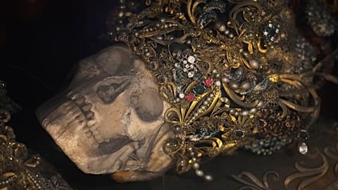  An elaborately decorated skeleton lies in the catholic monastery church of Banz in Bad Staffelstein, Germany, Saturday, May 2, 2026.