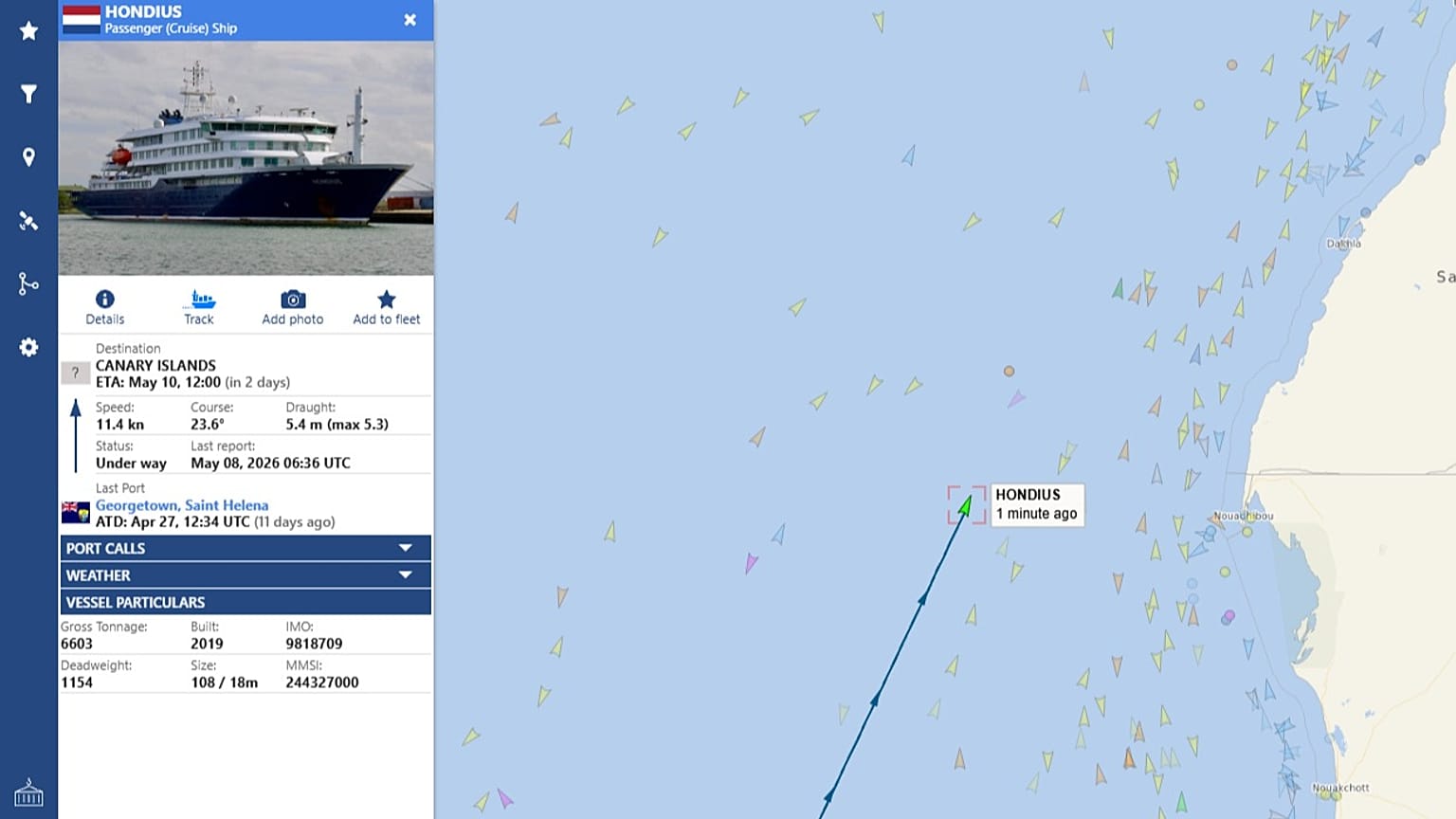 MV Hondius, posicionamento em tempo real