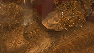 Richly decorated skeleton preserved in a former monastery in southern Germany, at the former Benedictine abbey of Banz near Bad Staffelstein, May 2, 2026.