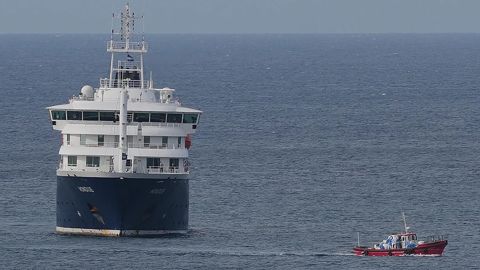 The MV Hondius cruise ship is anchored at a port in Praia, 6 May, 2026