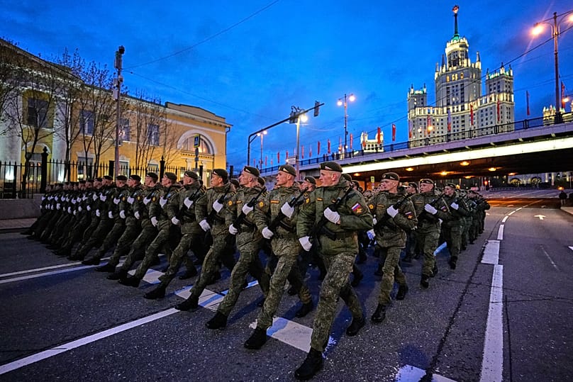 Russian servicemen march towards Red Square prior to the Victory Day military parade rehearsal in Moscow, Wednesday, April 29, 2026, 