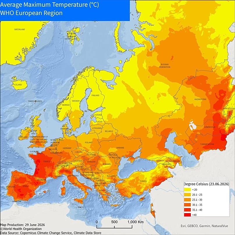 Średnie maksymalne temperatury w Europie, 29 czerwca 2026