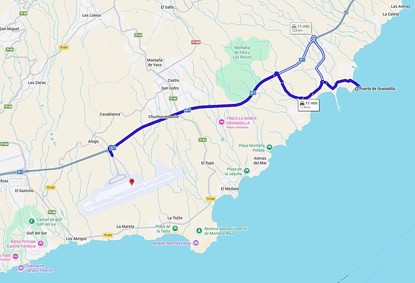 Trayecto del Puerto de Granadilla de Abona al aeropuerto Tenerife Sur
