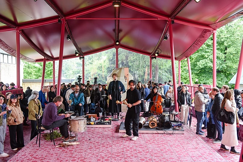 Musicians perform inside Qatar pavilion at 2026 Venice Biennale.