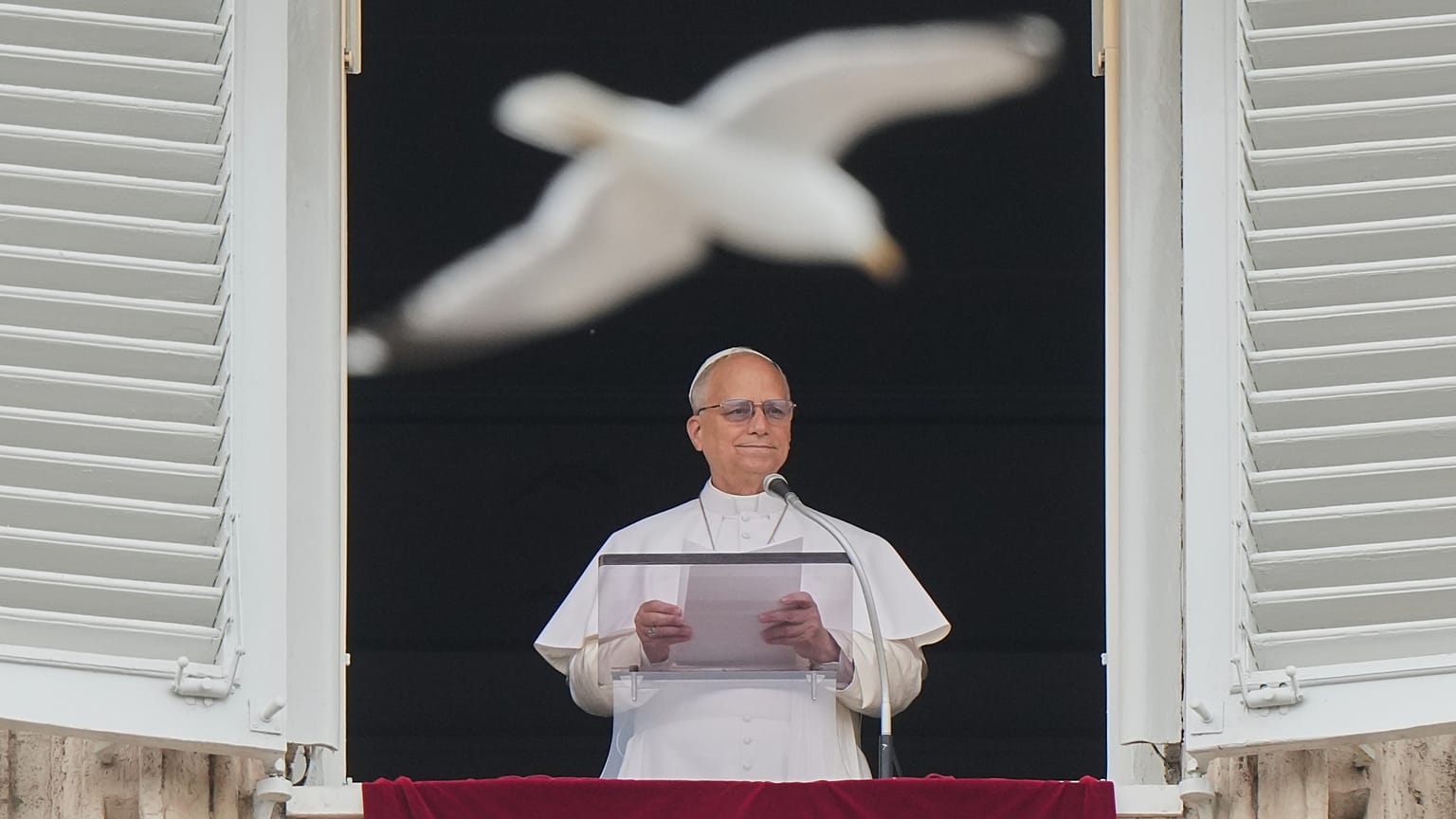 Una gaviota sobrevuela mientras el Papa León XIV recita la oración del mediodía del Regina Coeli desde la Plaza de San Pedro, en el Vaticano, el 10 de mayo de 2026.
